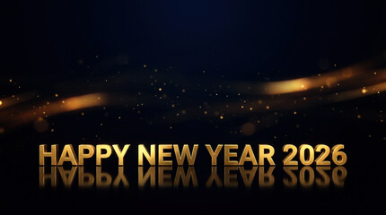 Luxury New Year background with glowing metallic text &ldquo;Happy New Year 2026&rdquo; on dark glossy surface, soft golden bokeh, ideal for festive banners and marketing.