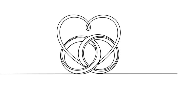 Continuous one line of a intertwined rings forming a heart outline, symbolizing commitment, love, and marriage, hand drawn vector illustration.