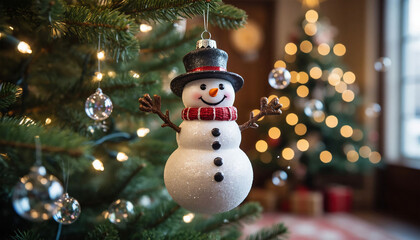 Snowman on the Christmas tree. Christmas background. New Year.