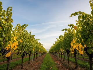Naklejka premium Rows of grapevines in vineyard with blue sky and white clouds