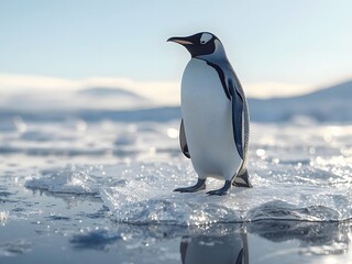 Obraz premium Penguin in serene icy landscape with soft natural lighting on frozen texture for wildlife conservation