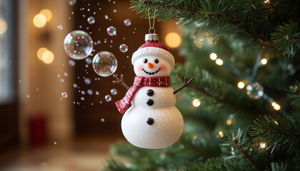 Snowman on christmas tree with bokeh lights background.