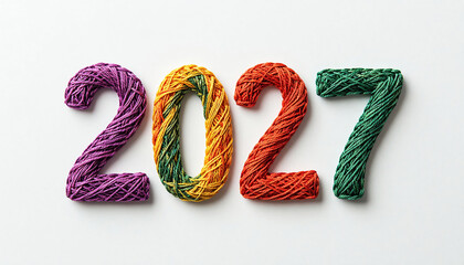 2027 new year made of multicolor yarn on white background