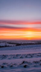 Winter Sunset Over Snowy Hills Landscape Nature Scene