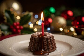 chocolate lava cake with burning red candle on white plate festive dessert on christmas table with warm bokeh lights holiday celebration atmosphere concept of restaurant, bakery, food marketing