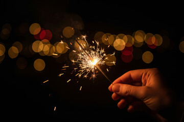 Hand holding a glowing sparkler at night with warm golden bokeh lights, festive celebration mood for holidays, New Year, party moments, joy, sparkle, magic, and cozy evening atmosphere