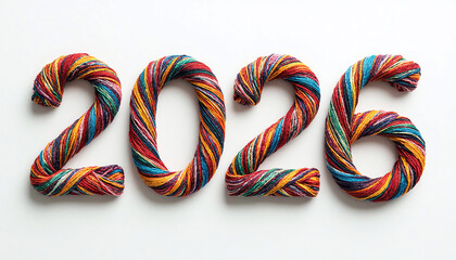 2026 new year made of multicolor yarn on white background 