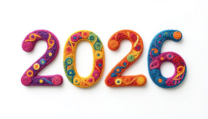 2026 new year made of multicolor yarn on white background 