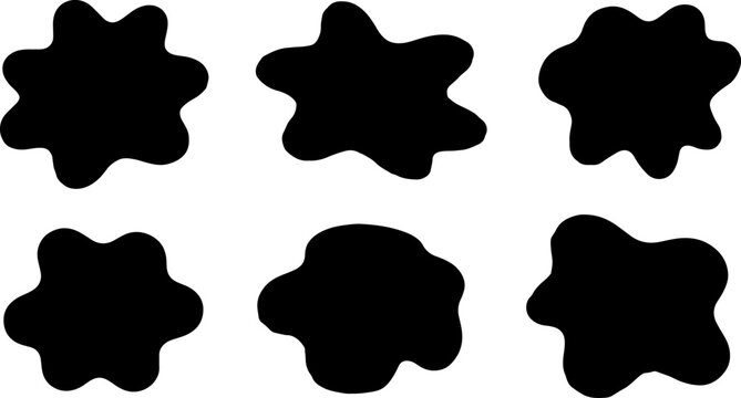 Collection of black abstract organic blob silhouettes and fluid liquid splash shapes isolated on white for modern minimalist graphic design, logos, and creative branding.