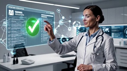 Adult woman doctor in lab coat and stethoscope interacts with a glowing futuristic holographic screen displaying medical data and a green checkmark in a high-tech laboratory setting. - Powered by Adobe