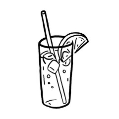 Drink in a clear glass with ice cubes, a slice of lemon and a straw. Hand drawn illustration in line style.