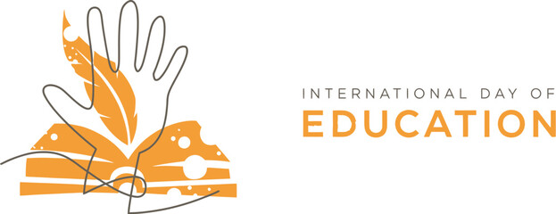 Artistic Line Drawing for International Day of Education with Hand Quill and Open Book