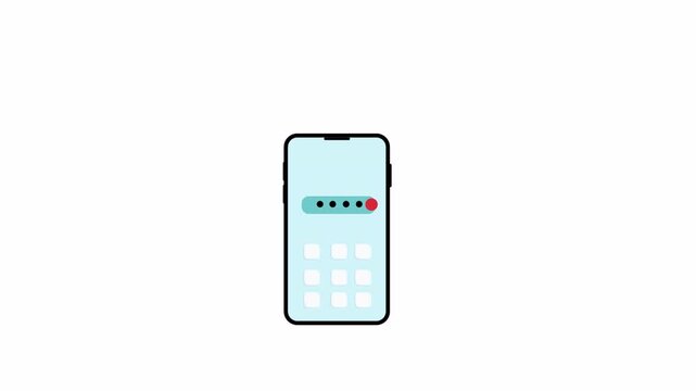 Flat vector animation of a smartphone showing password entry with a red error indicator. Clean mobile UI concept for failed login, incorrect password, authentication error, security warning, and app i