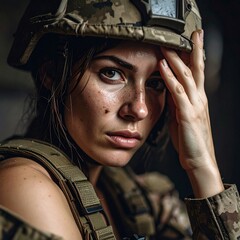 Close-up of a young female soldier in tactical gear with an intense gaze.
