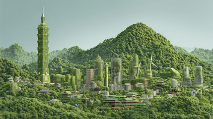 A vibrant cityscape integrates modern skyscrapers with traditional architecture, surrounded by lush greenery and mountains. Wind turbines are visible, suggesting an emphasis on sustainability and