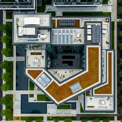 Aerial top-down view of modern urban building complex with green roofs, solar panels, glass skylights, and surrounding city landscape. 