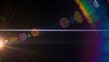 Bright lens flare with vibrant light streaks and colored orbs in space