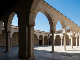 A serene courtyard with arches and columns on a sunny day outside