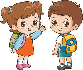Cute cartoon boy and girl with backpacks smiling and waving, adorable school children illustration for education, learning and back to school concept vector