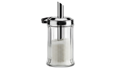 Sleek glass sugar dispenser with chrome lid and spoon