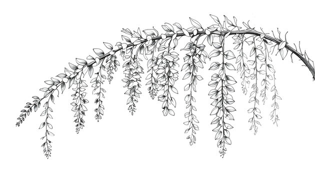 Black and White Wisteria Branch Illustration Botanical Ink Line Art
