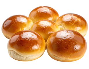 Several small bread buns arranged as if freshly served, isolated on a transparent PNG background.