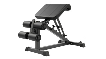 Black adjustable hyperextension bench with padded rollers and seat on a black background back extension bench