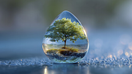 A small tree is enclosed in a droplet of water, resting on a surface of smaller droplets. The scene creates a visual representation of an ecosystem within a single water droplet.