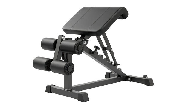 Black adjustable hyperextension bench with padded rollers and seat on a black background back extension bench