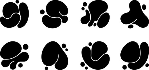 Fototapeta premium Collection of abstract black organic liquid blobs and fluid splash shapes with rounded contours and floating droplets isolated on white background for modern design projects.