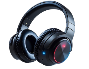 Side Profile Headphones Hovering with Illuminated LED Pairing, Transparent PNG.