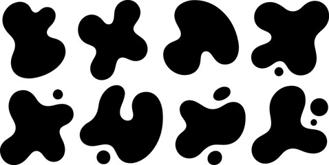 Set of abstract organic black liquid blobs and fluid splash shapes with rounded edges and floating droplets isolated on white background for modern graphic design.