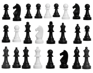 Minimalist Side-by-Side Black and White Pawn Set, Top-Down Flat Lay, Transparent PNG.