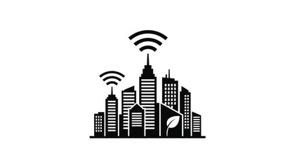 Cityscape illustration with modern skyscrapers and wireless connectivity signals