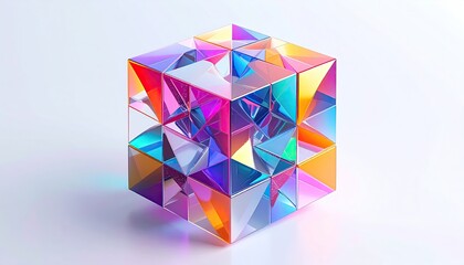 Geometric cube of transparent, multifaceted prisms reflecting vibrant colors