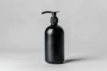 Elegant minimalist matte black pump dispenser bottle packaging for liquid on transparent background