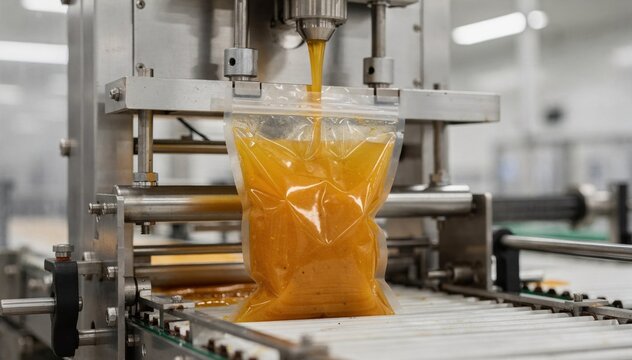 Medium shot of a singleserve sauce pouch being precisely filled and sealed by a vertical formfillseal machine in a clean automated production line environment.