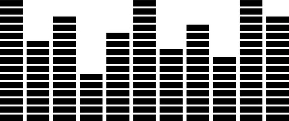 Modern black sound wave equalizer bars icon, geometric audio frequency visualization vector for music production, digital signal processing, and radio broadcasting interface design.