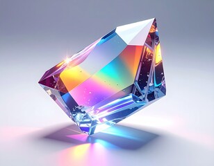 A faceted, prismatic crystal reflects light, showcasing rainbow colors