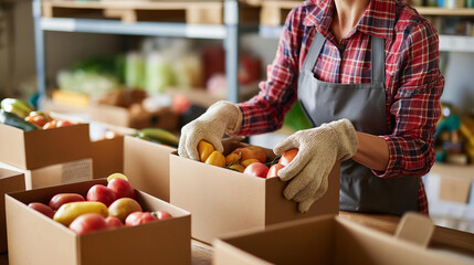 Hands packing grocery boxes for community distribution, food pantry operations, family assistance, neighborhood support, charitable organization, hunger prevention, social welfare, with