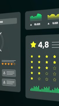 Perspective vertical view of a social media management dashboard showing user profiles and engagement trend data.