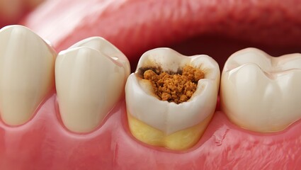 A dental implant with a cavity filled with brown substance