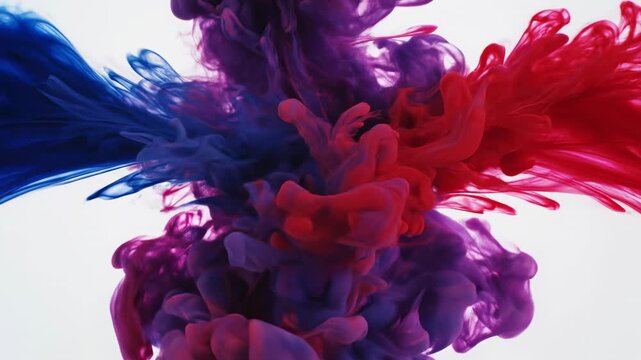 Extreme slow motion macro view of vibrant red and deep blue liquid ink swirling and merging elegantly against a pristine white fluid surface chemical reaction, deep blue, modern backdrop