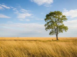 Fototapeta premium A lone tree standing in a vast field of golden wheat under a blue sky with white clouds on a sunny day outdoors