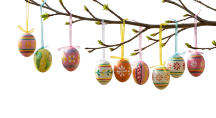 Colorful decorated Easter eggs hanging from a bare tree branch with green buds against a black background
