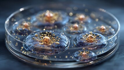 Stunning microscopic view of biological cells with golden accents, ideal for medical research, scientific presentations, and biotech innovation