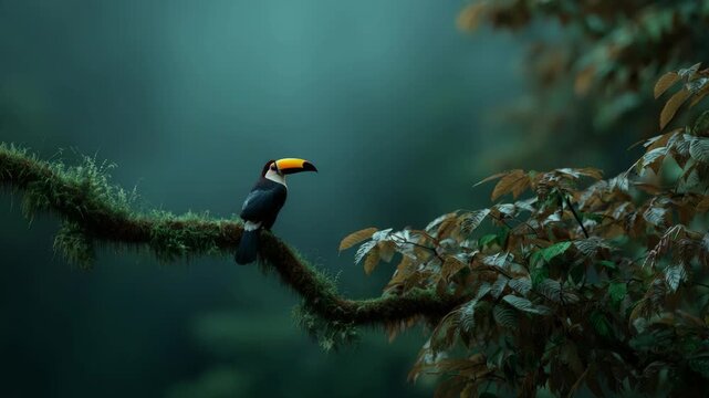 Multiple perspectives of a toucan sitting on a lush moss-covered tree branch in a vibrant rainforest