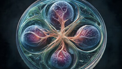Stunning abstract biological cells in a petri dish, showcasing vibrant colors and intricate organic structures, ideal for scientific and medical concepts