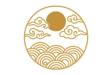 Fototapeta premium Golden Circular Emblem with Clouds and Waves