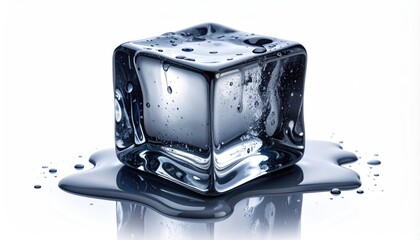 A glistening ice cube melting, casting a dark reflection on white